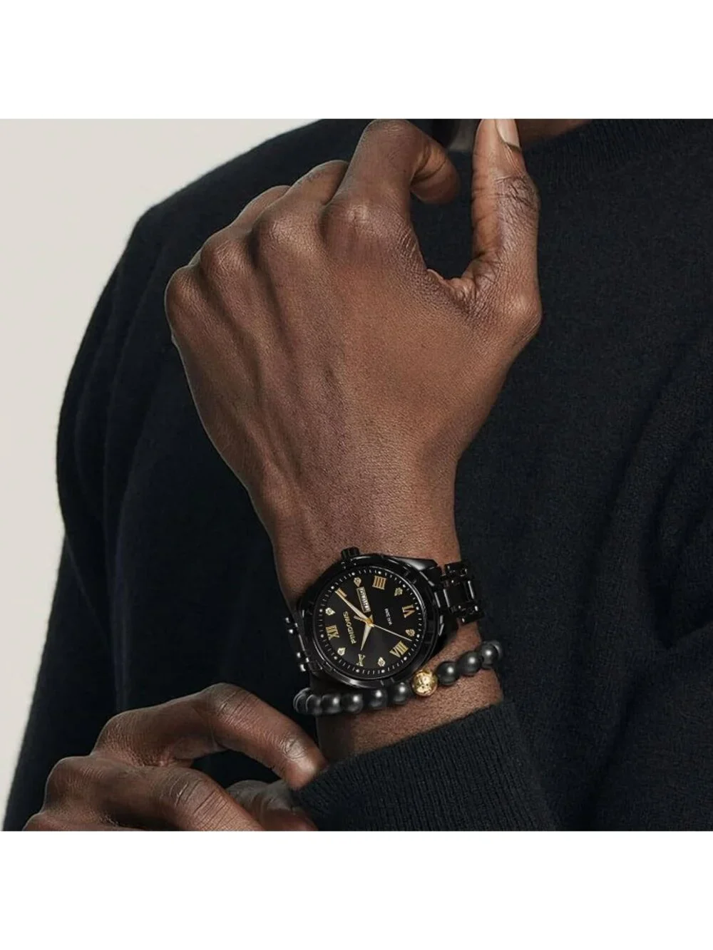 Men's Black Classic Quartz Watch Stainless Steel Diamond Dial Wrist Watches